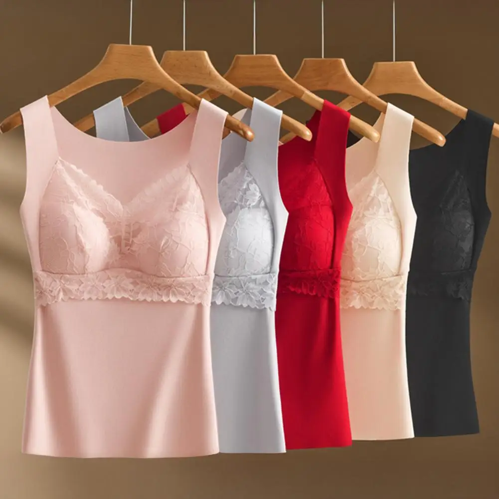 Lace Trim Tank Top Women's Thermal Tank Tops Built In Bra Lace Padded Sleeveless Camisole Undershirt Soft Warm Base Layer Vest
