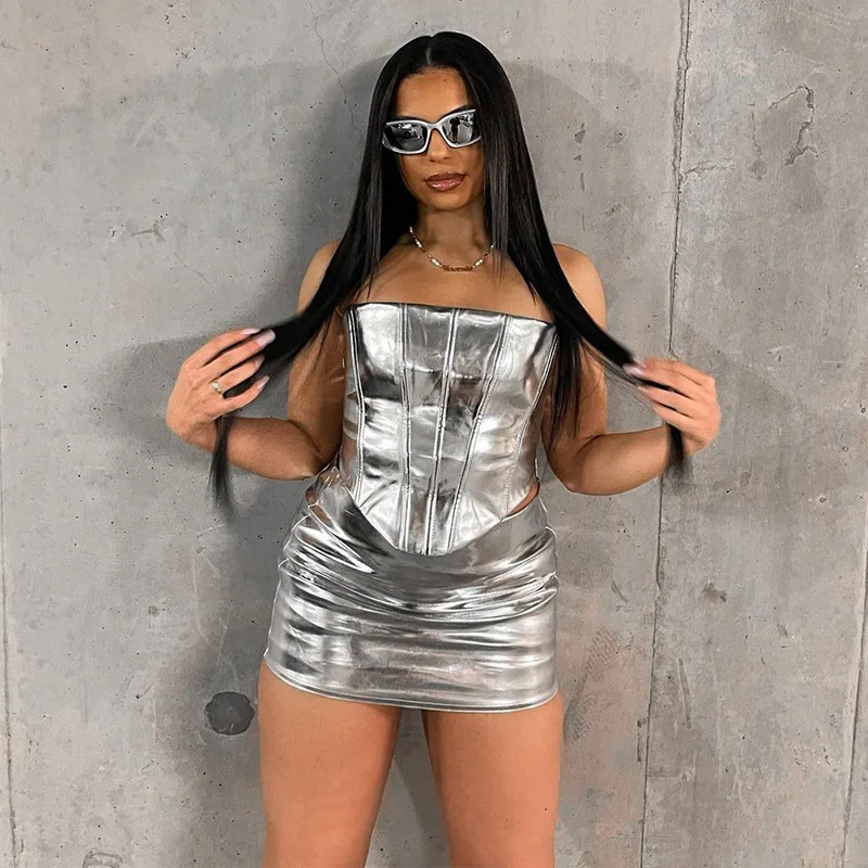 2024 Autumn New Metallic PU Leather Tight Wrapped Chest And Hip Short Skirt Set For Women Two Piece Set