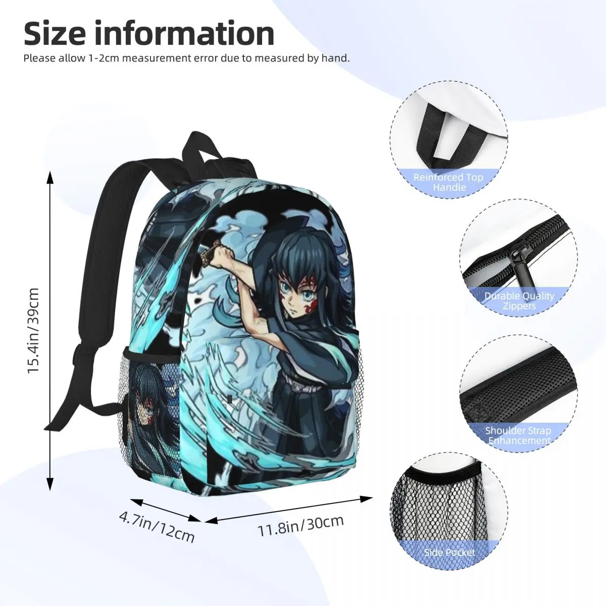 Muichiro Tokito Demon Slayer pour filles et garçons, sac à dos étudiant de grande capacité, sac à dos léger et étanche, 15 po