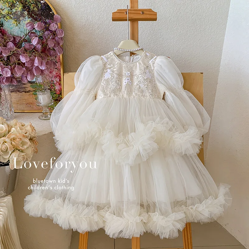2026 Girls Toddler Palace Style Pearl Princess Dress 2026 Fall New Stylish Little Girl Gown Mesh Dress