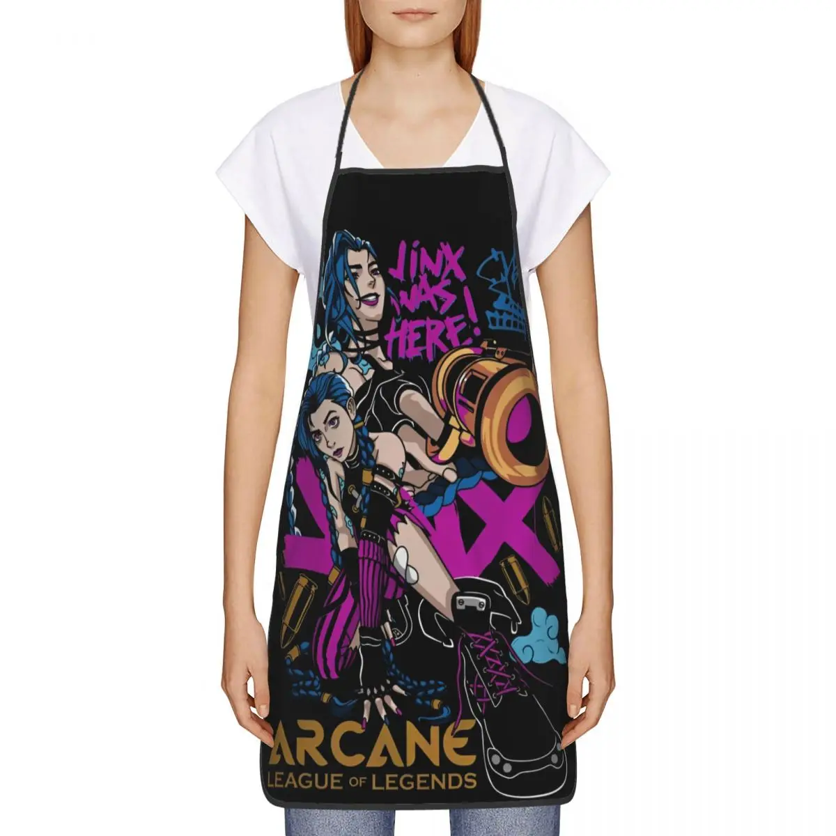 Jinx Arcane Apron Unisex Funny Kitchen Bibs League Battle Game Legends Polyester Cuisine Cooking Tablier