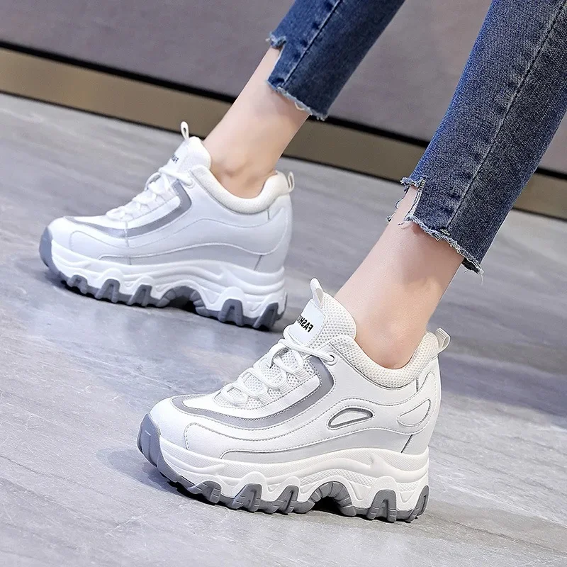 9CM Genuine Leather Platform Wedge Hidden Heel Women Casual Shoes Chunky Sneakers Za Ins Fashion Winter Warm Sneakers Boot