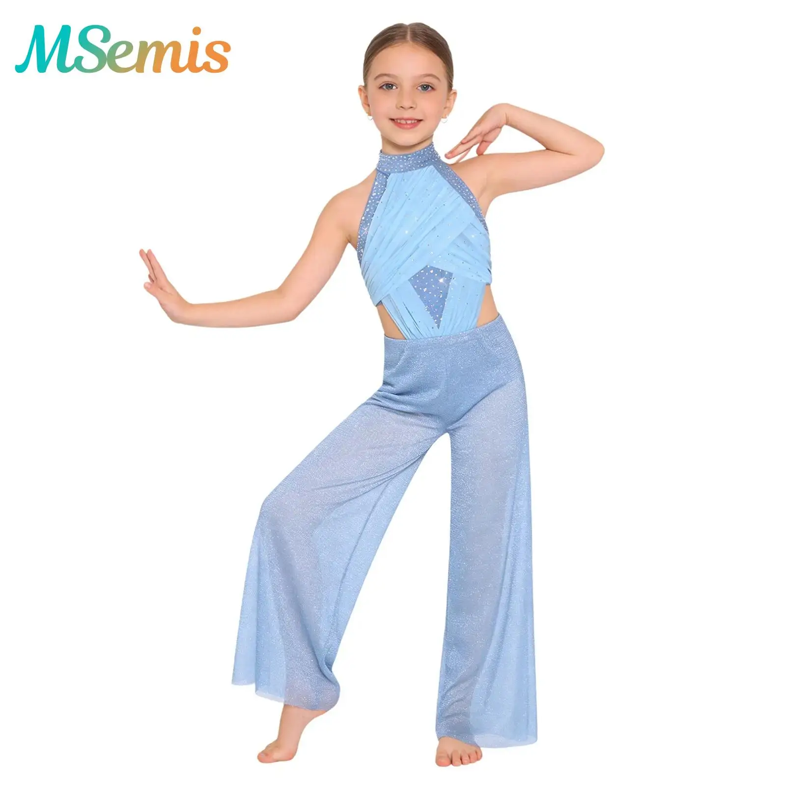 

Kids Girls Ballet Modern Dance Unitards Jumpsuit Shimmery Wide-Leg Shiny Rhinestones Halter Ruched Mesh Front Bodysuit dancewear