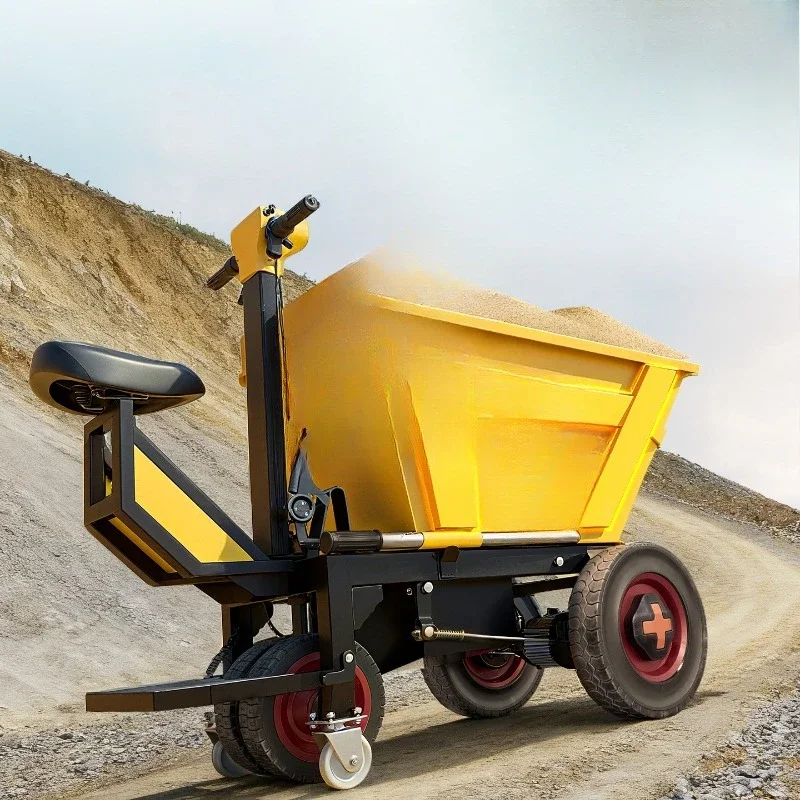 

Construction site electric trolley, gray bucket truck handling dump truck