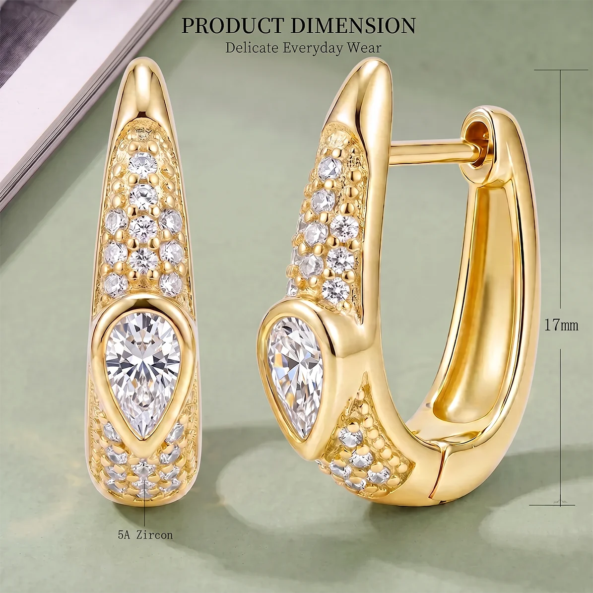 Moonmory Original Design 5A Birnenförmige Zirkon-Huggie-Creolen für Damen, minimalistisch, umweltfreundlich, 18K vergoldet – Detail 3
