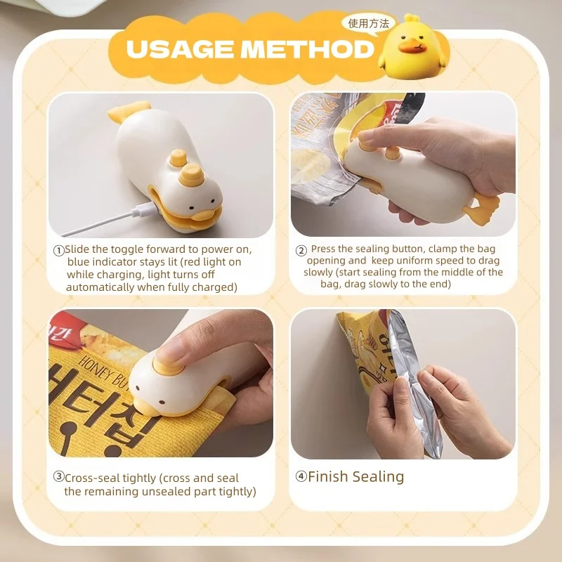 Cute Duck Rechargeable Handheld Sealer, ABS Silicone 400mAh Portable Seal Cutter for Snack Spice Pet Food Fruit Bags view 4
