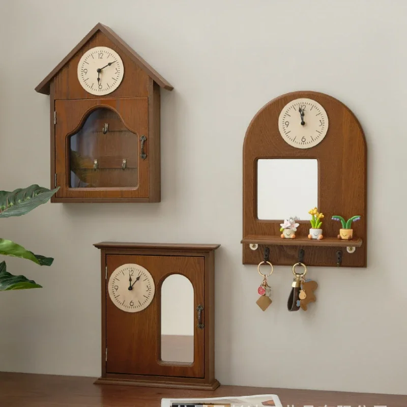 

For Vintage Wooden Wall Clock Key Holder With Mirror Silentt Wall Clock Key Hanger With Hooks Keys, Bags, Home Decor
