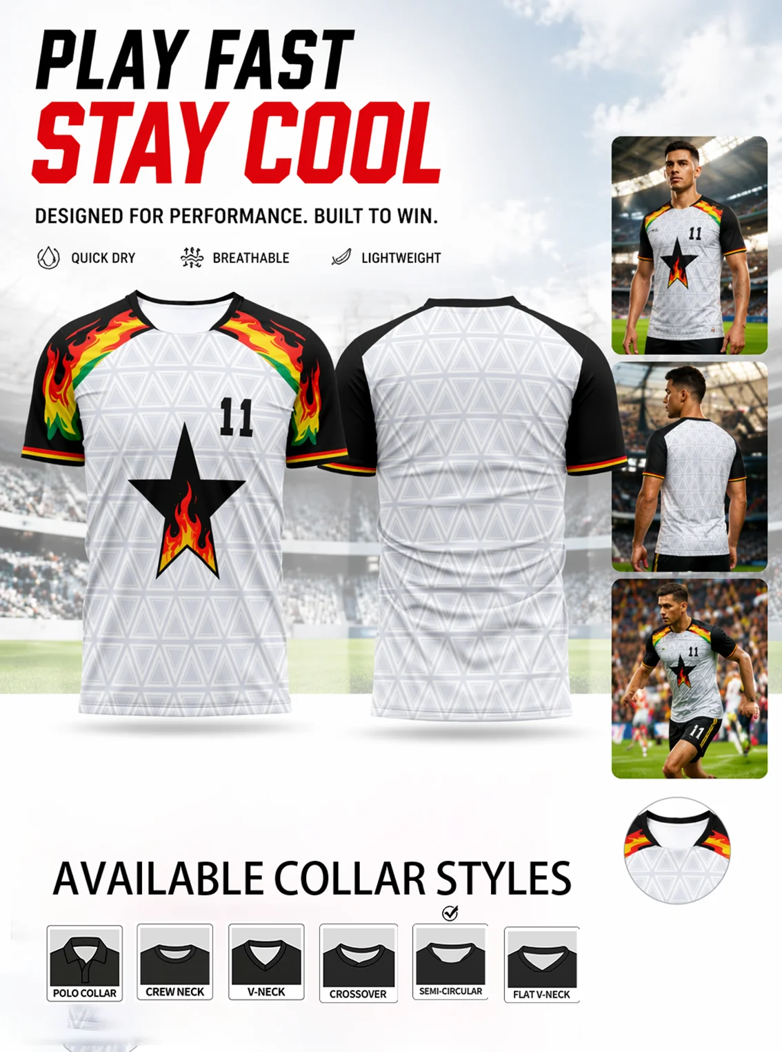 Fan jersey with plain geometric‑patterned back and eye‑catching shoulder flame prints to stand out within casual daily outfits