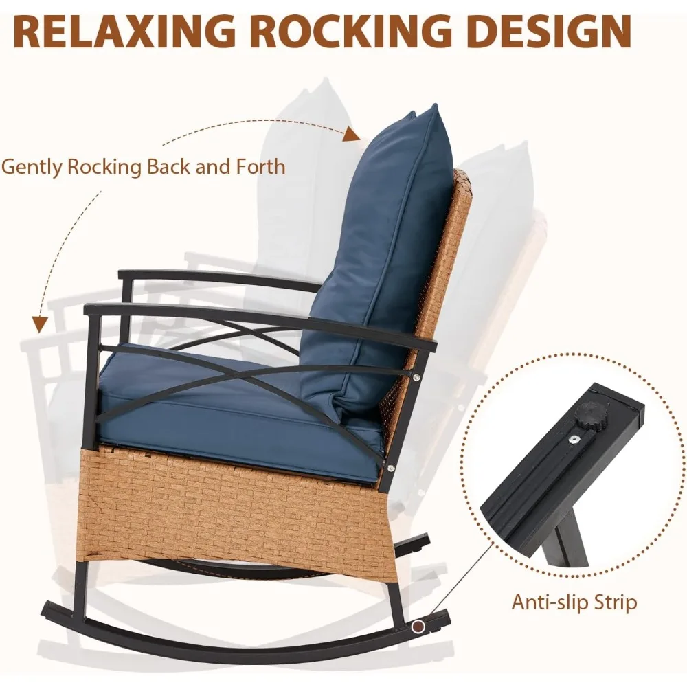 3-Piece Outdoor Patio Furniture Set with Rocking Chair, Cushions, and 2-Tier Coffee Table - Wicker Bistro Style