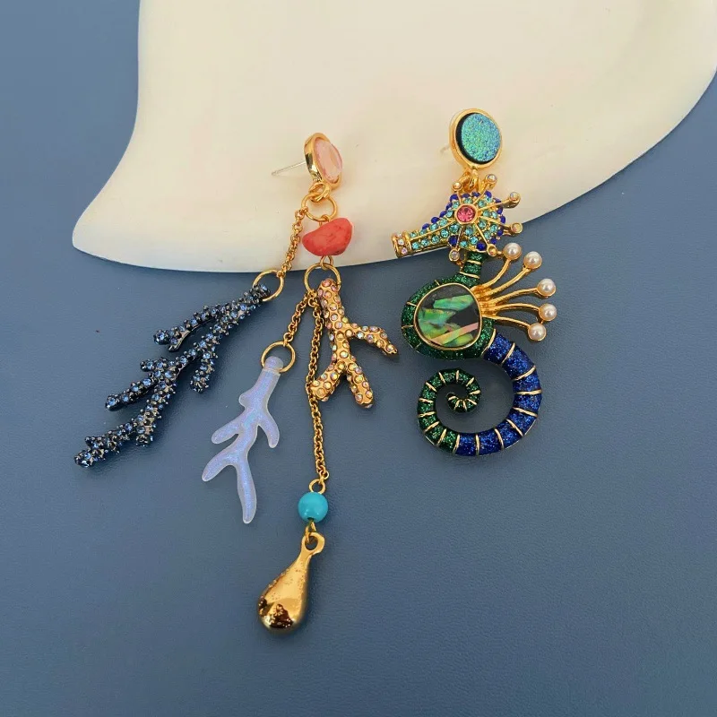 

Ocean Wind Enamel Colorful Handmade Retro Small Fish Seahorse Coral Earrings