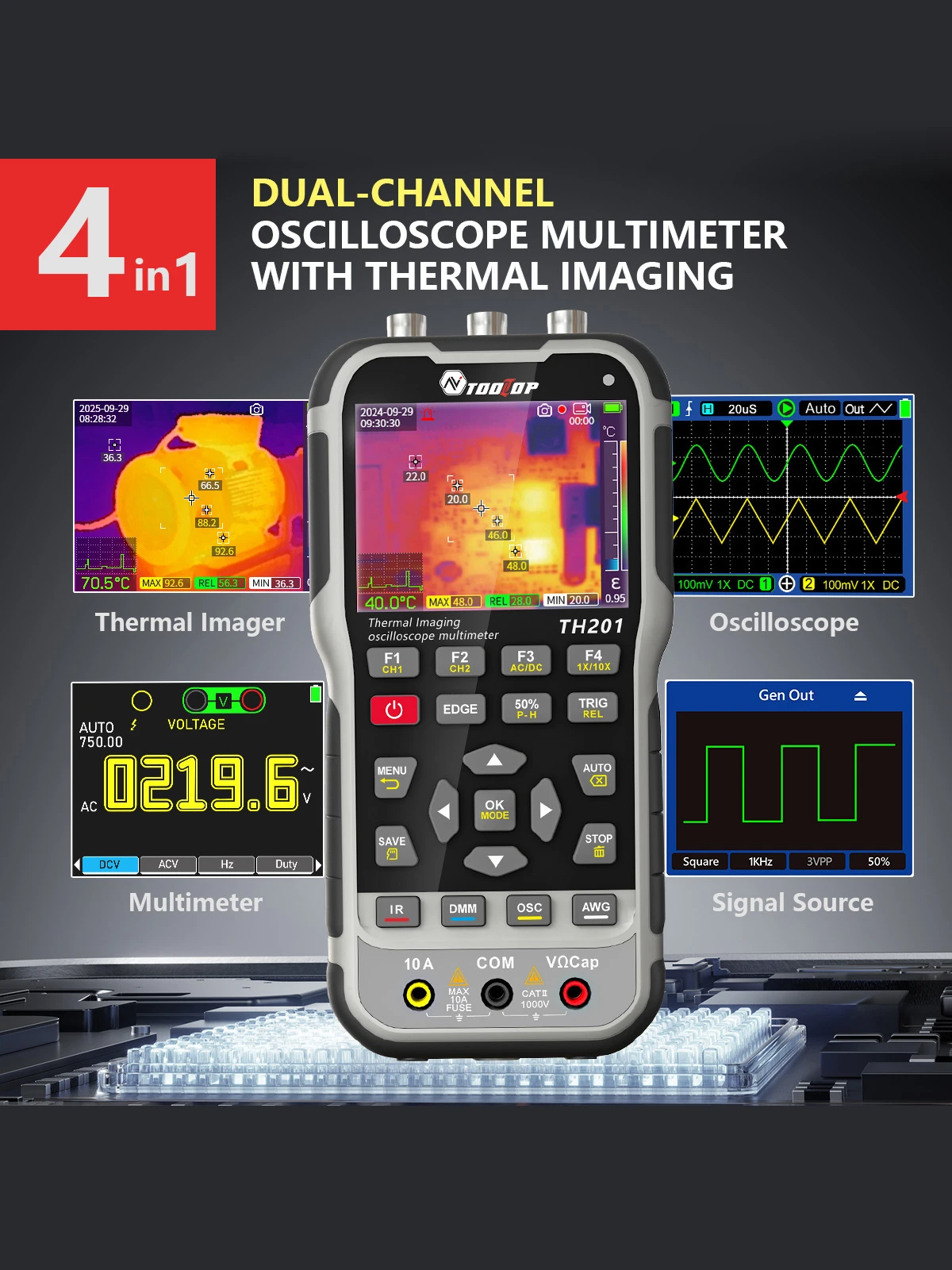 TOOLTOP TH201 2-Kanal-Thermo-Oszilloskop 70MHz ISR 288*240 Wärmebildkamera mit Makro-Objektiv 3,5 Zoll Elektrikerwerkzeug