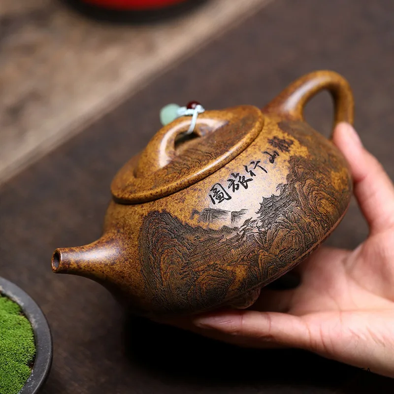 

Chinese Yixing Purple Clay Teapot Large Capacity Handmade Tea Pot Hand-carved Landscape Kettle Household Zisha Tea Set 500ml