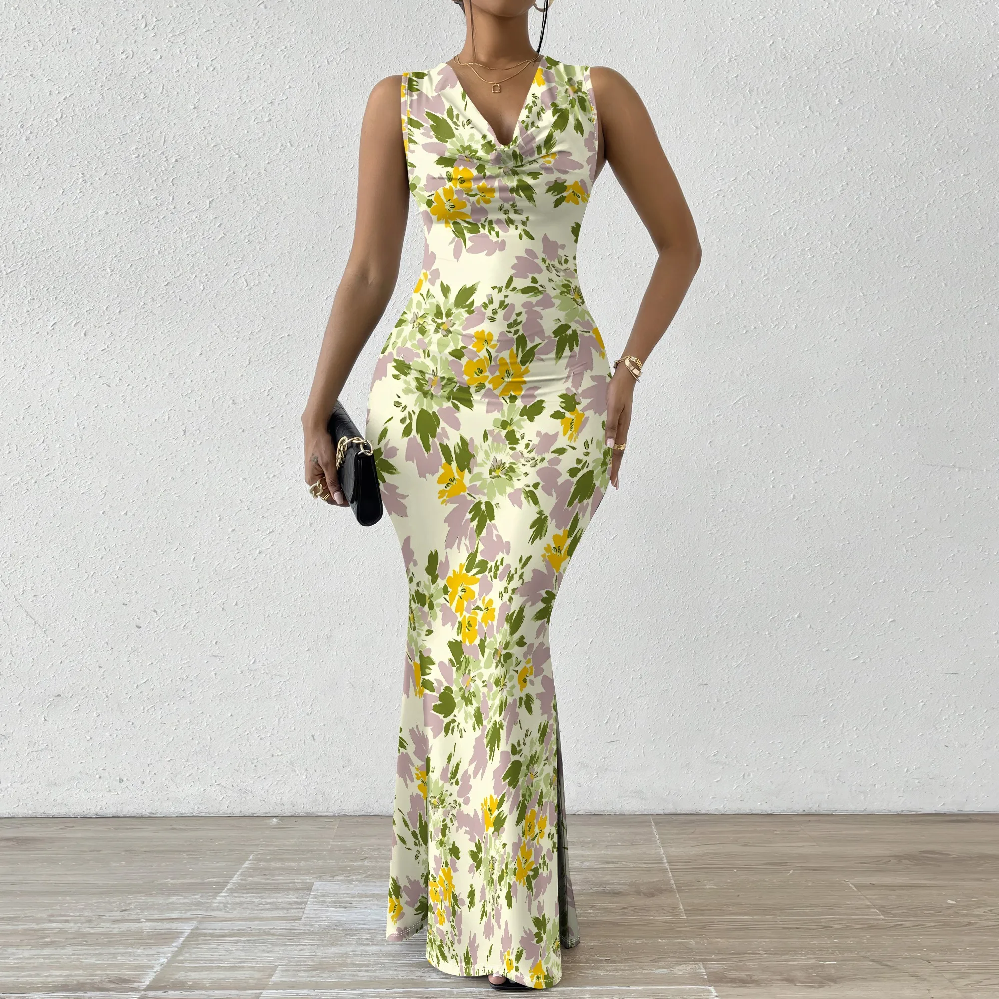 

Yellow Tiny Floral Print Mini Dress Sleeveless V Neck Summer Beach Short Dress For Women Holiday Casual Outfit