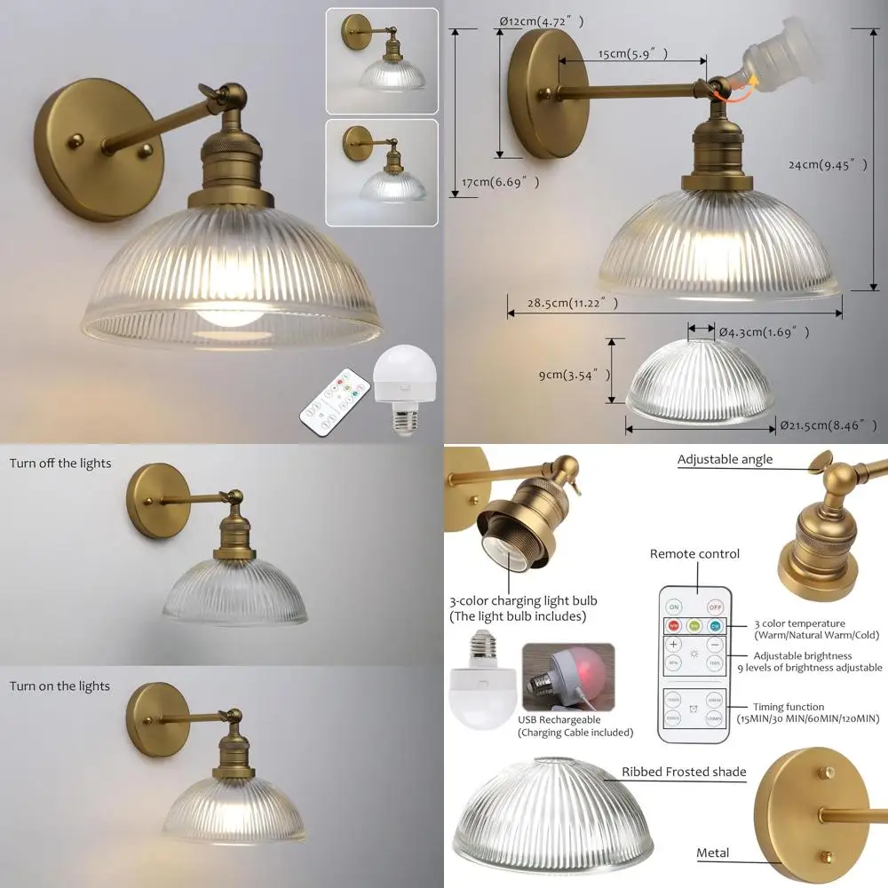 

Rechargeable LED Wall Sconce with Remote Dimming, Modern Striped Glass Shade for Indoor Living Spaces