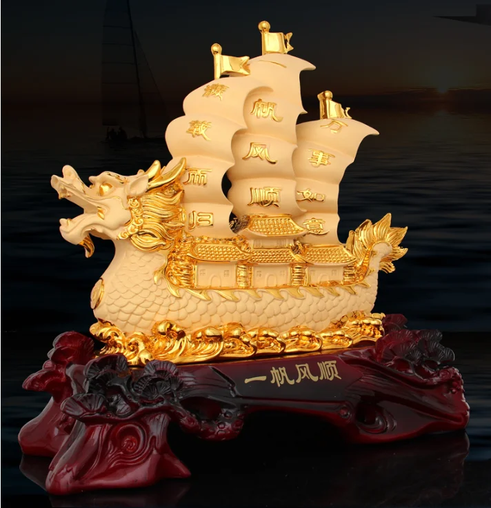 Chinese Style Retro Lucky Smooth Sailing Resin Sailboat Statue Money Ferry Study Living Room Ornaments Crafts Christmas Gifts