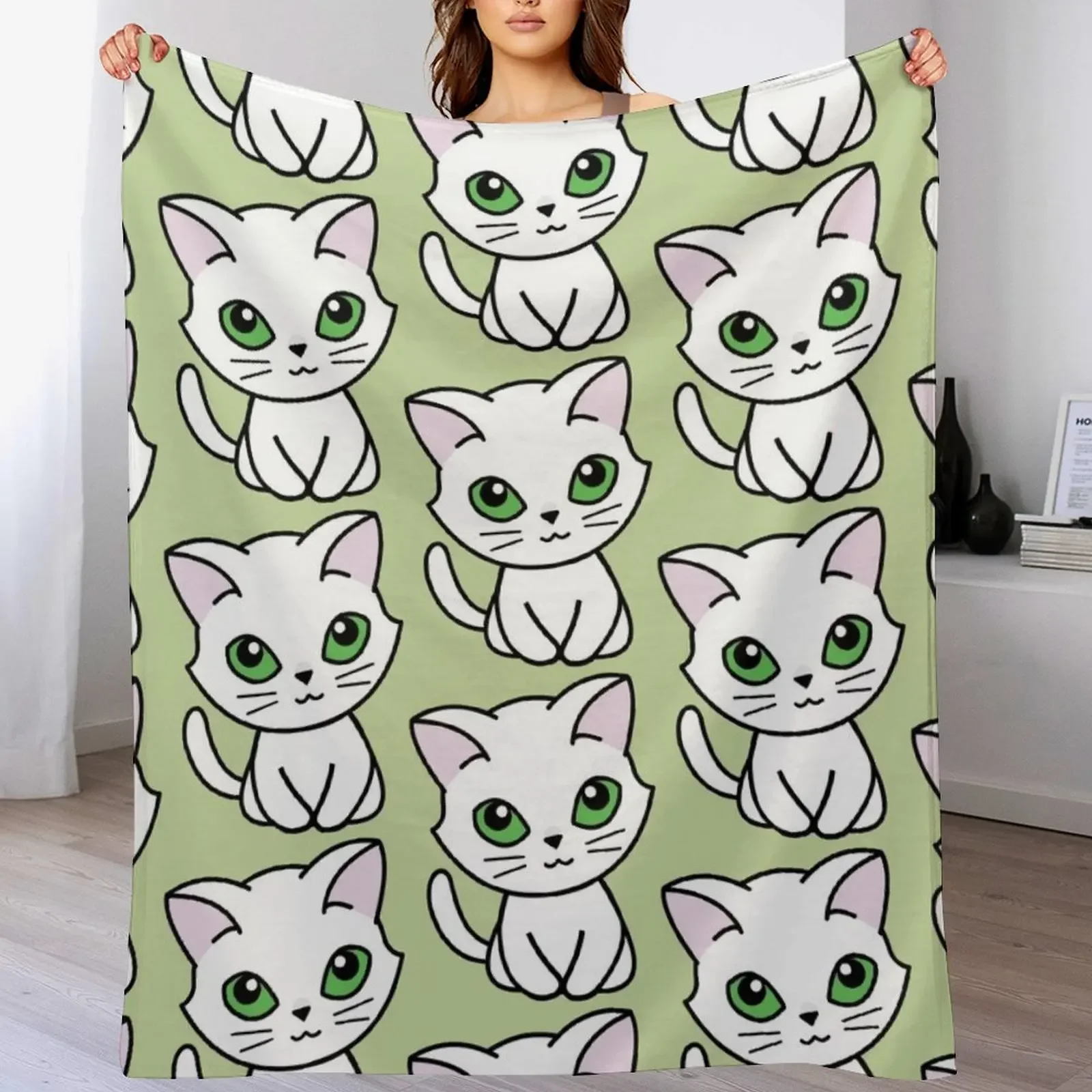 

White Cat - Green Eyes Throw Blanket Blankets Sofas Of Decoration Custom Luxury St Furrys Blankets