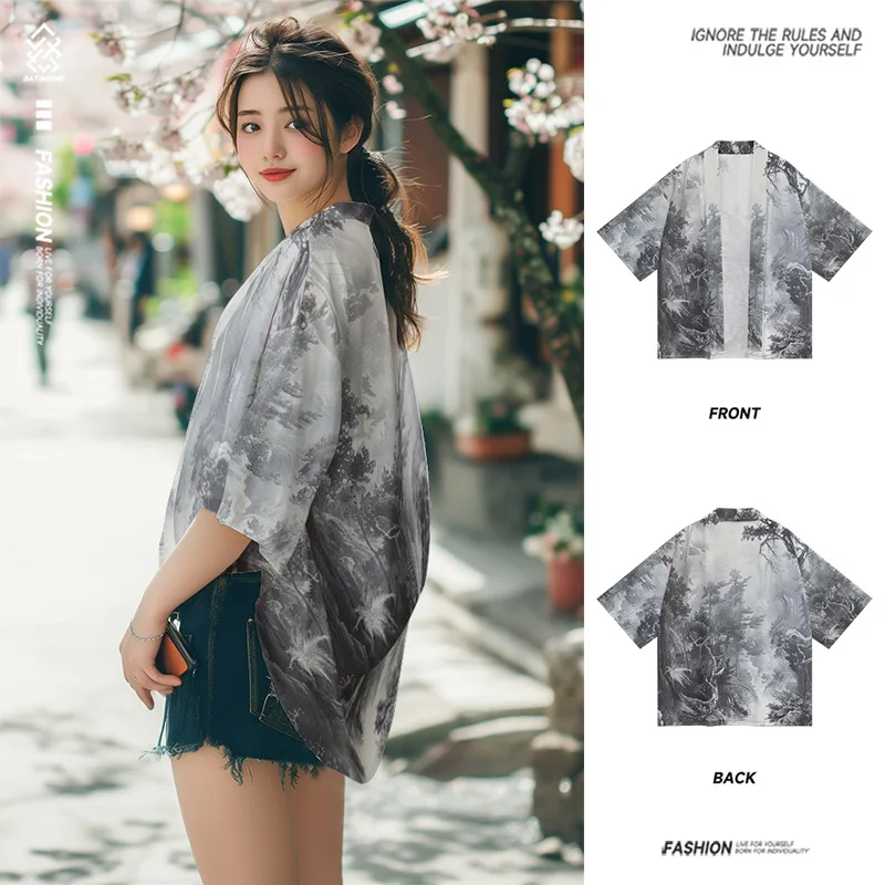 

Cardigan Haori Yukata Casual Beach Japanese Robe Fashion Forest Print Kimono Men Women Plus Size