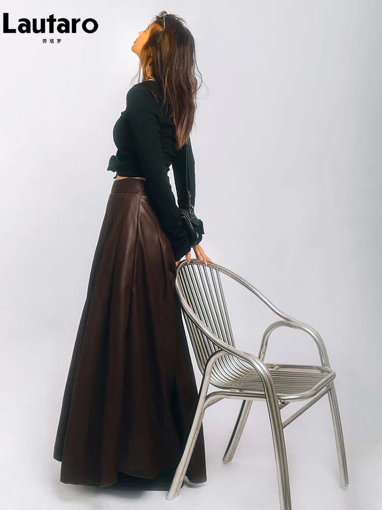 Lautaro Spring Autumn Chic Brown Soft Pu Leather Maxi Pleated Skirt Women Side Slit High Waist Long Luxury Designer Clothes 2023