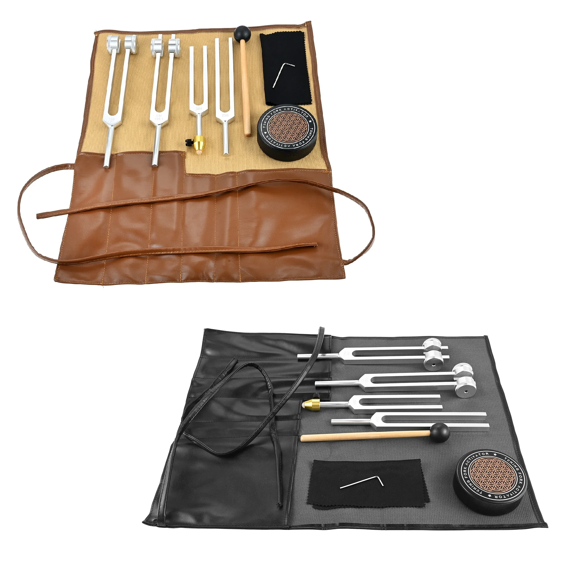 4pcs Tuning Fork (128Hz 136.1Hz 256Hz 384Hz)Weighted & Unweighted & Mallet Activator Leather Bag Meditation Yoga Sound Therapy
