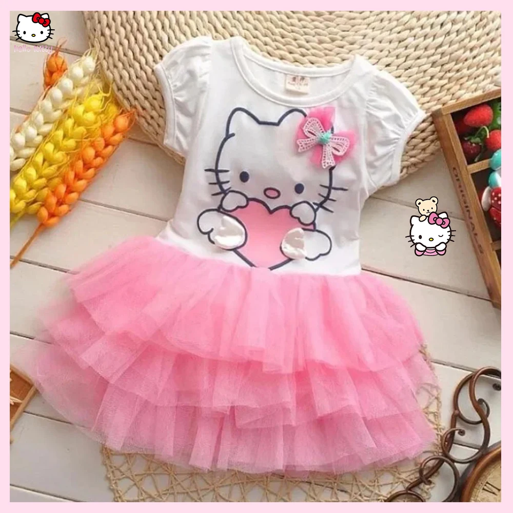 Sanrios Hello Kitty Girls Dress Summer Cute Cartoon Kawaii Short-Sleeved Mesh Cake Dress Princess Pinkycolor Dress Tutu Skirt