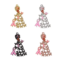 10pcs Afro Black Girl Charms Pink Ribbon Breast Cancer Awareness Pendant for Bracelet Necklace Making Wholesale BGR246-BGR249