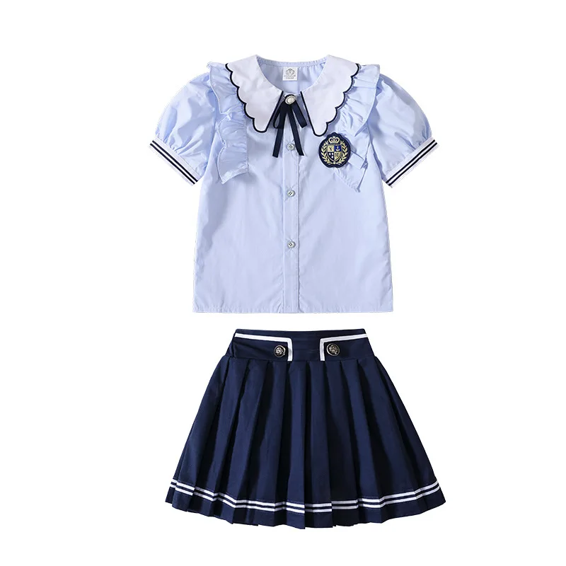 Boys British Shirt Tie Shorts Girls Peter Pan Collar Blouse Skirts Kids Toddler Cute Clothes Sets Children Summer School Uniform