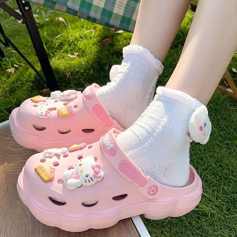 Kawaii Lolita Sanrio Hello Kitty Cave Shoes Women\'s Summer Sandals With Thick Heels Kuromi Cinnamoroll Casual Slippers Female