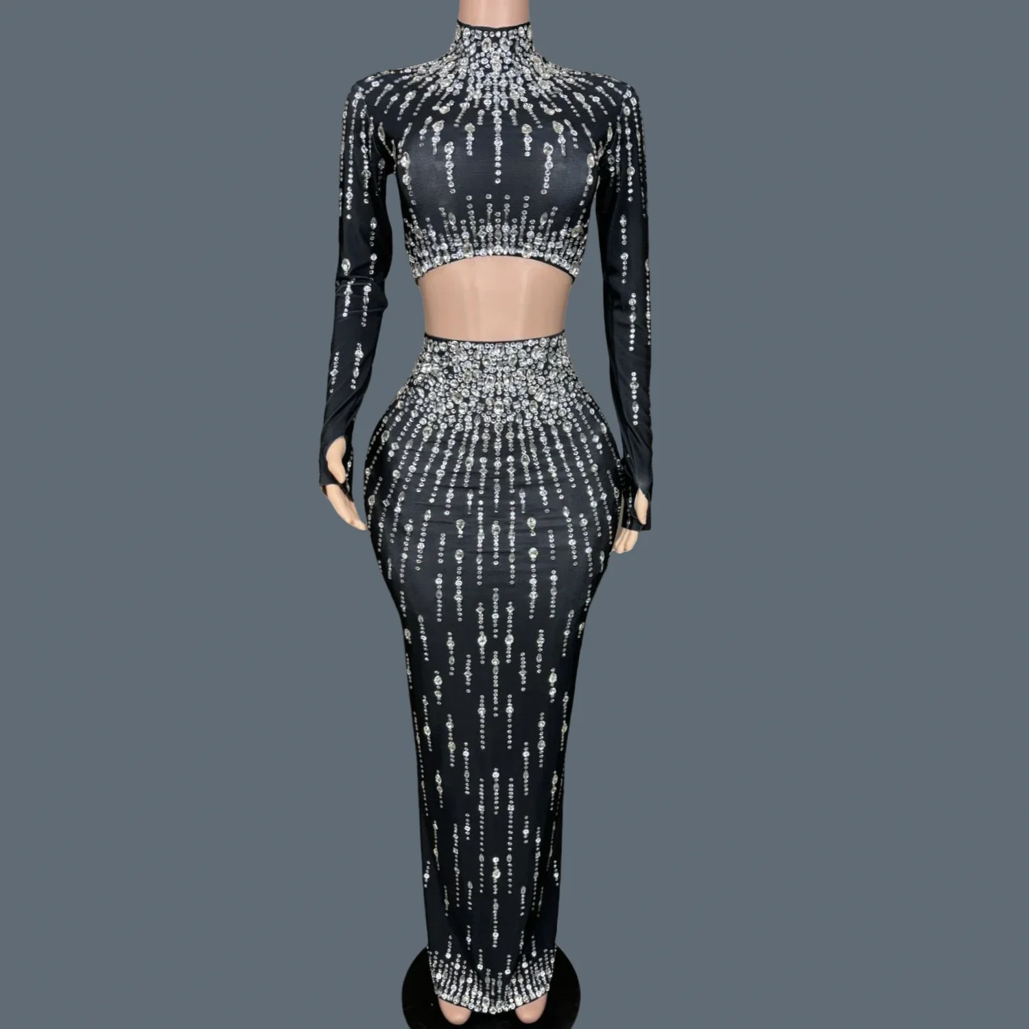 Birthday Party  Outfit Stage Dance costume Crystals Sexy Nightclub Tops Long Skirt 2Pieces Set Event Photo Shoot Wear