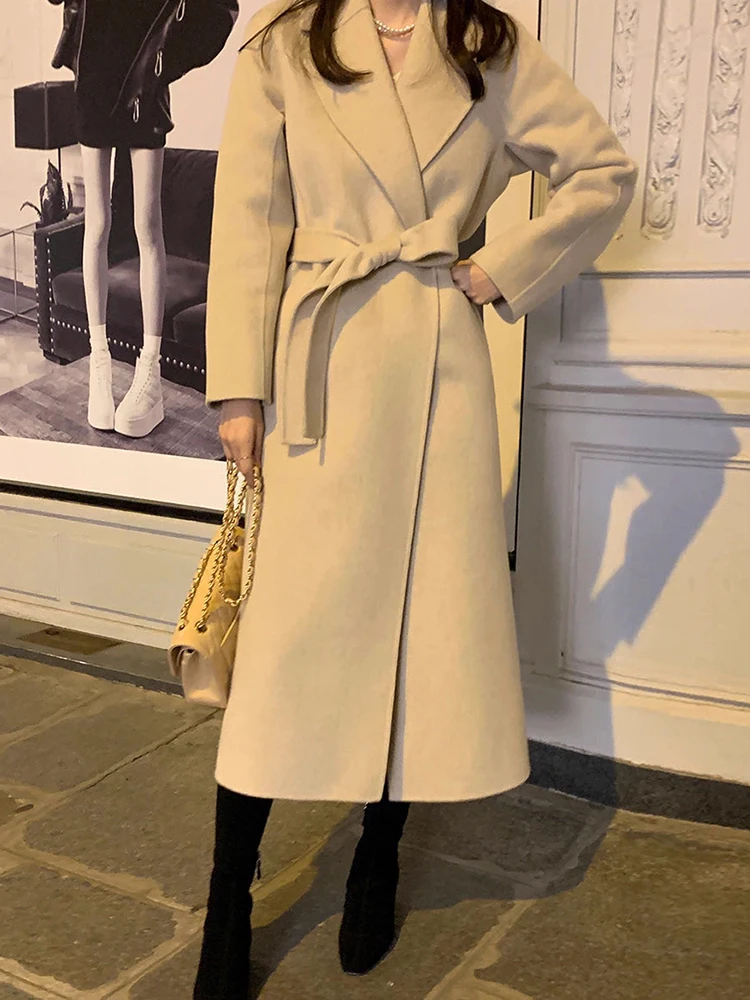 Ele longo casaco de lã chique outono novo sle vintage gola com cinto emagrecimento outerwear para mulheres commute sle cor pura