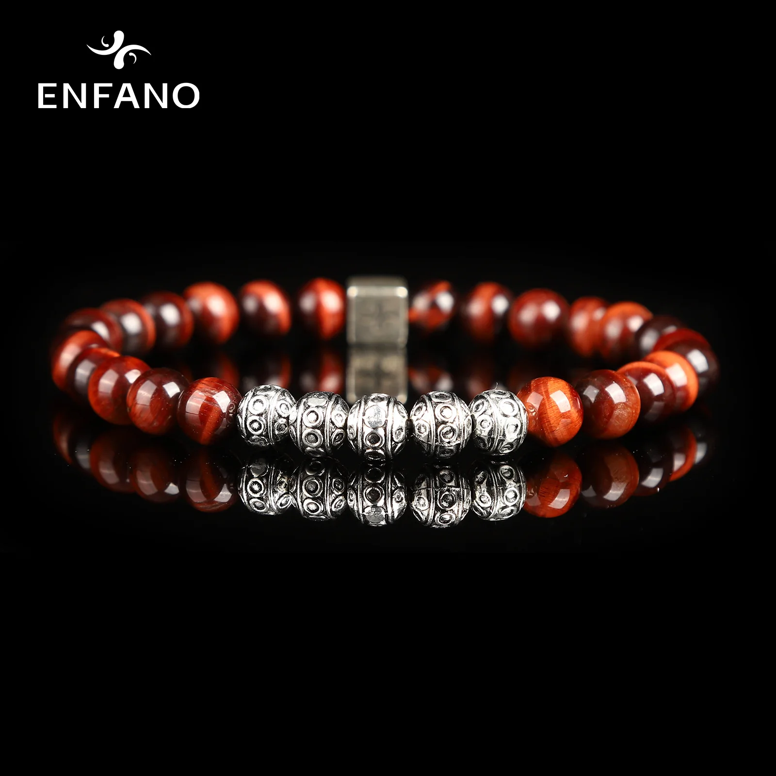 

ENFANO Red Tiger Eye Stone Bracelet 8mm Round Bead Bracelet Round Fashion Men's Size Name Text Personalized Custom Gift