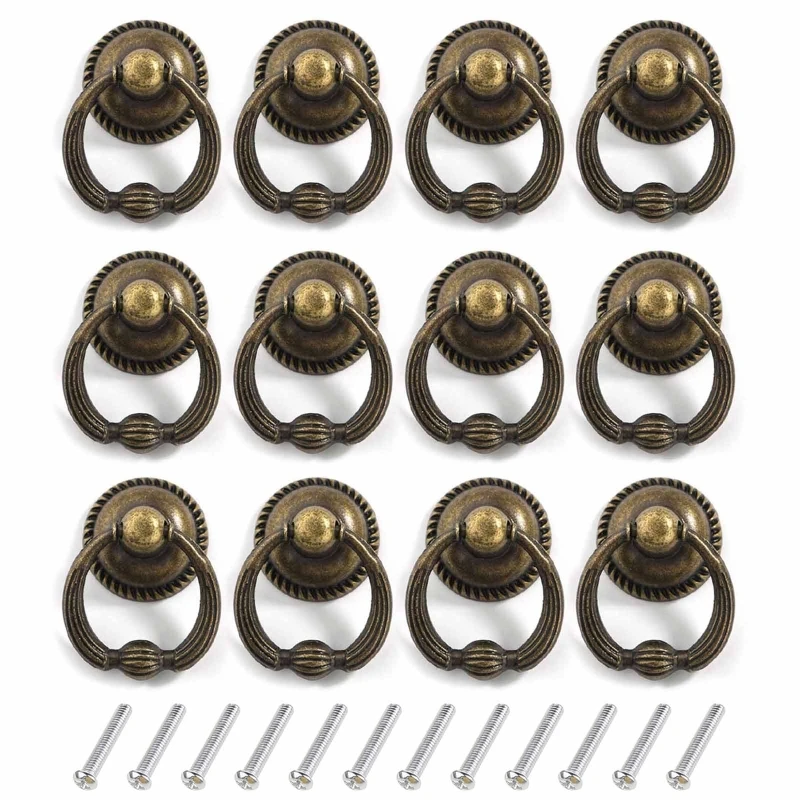 12pcs Vintage Pull Ring Antique Pull Handles Knob for Kitchen Cabinet Cupboard Dressers Door Drawer Silver/Gold/Bronze