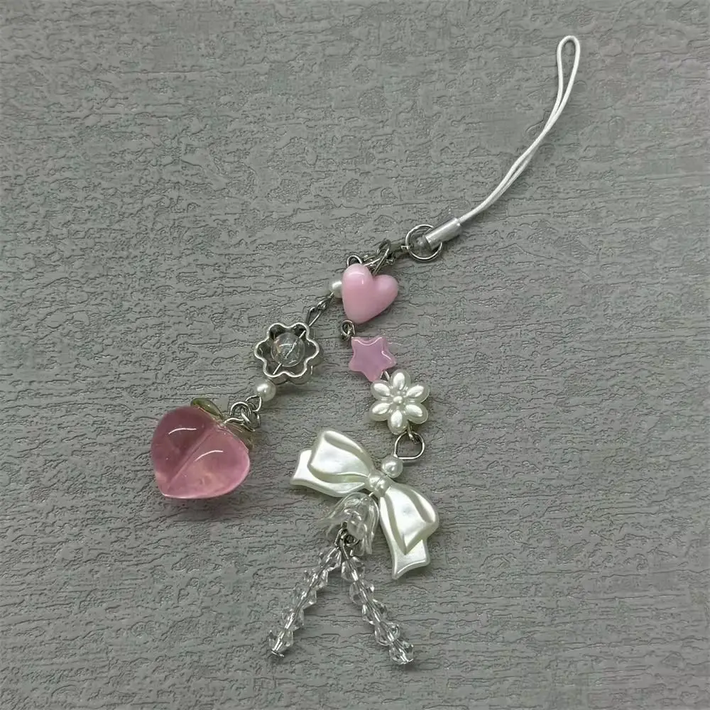 Trendy Pink Phone Charms Pendant Kawaii Cute Bowknot Bead Sweet Girl Keychain Gifts For iPhone Camera Car Key Ring