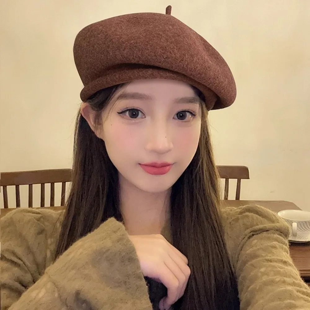 Elegant Wool Beret Cap Solid Color Rolled Edge British Top Hat Soft Winter Warm Fashion Fedoras