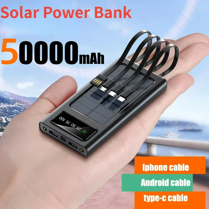 

50000mAh Portable Solar Power Bank with Cables Fast Charging External Battery Charger Cases with LED for iPhone Samsung Xiaomi