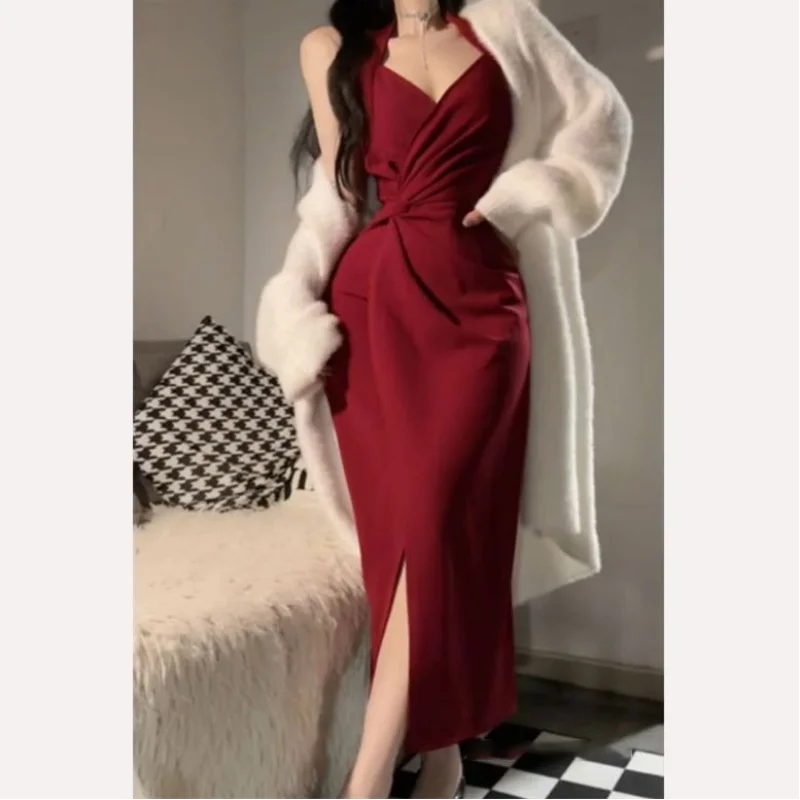 Two Piece Luxury Temperament Women White Sweater Red Dress Set Fashion Casual Elegant Chic Sexy Midi Bodycon Sling Dresses Suit