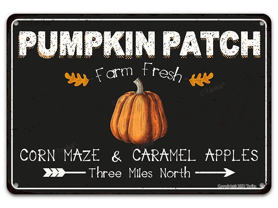 Pumpkin Patch Farm Fresh Corn Maze Caramel Apples Three Miles North Vintage Tin Sign Iron Metal Plaque 12X8 Inches Wall Art Deco