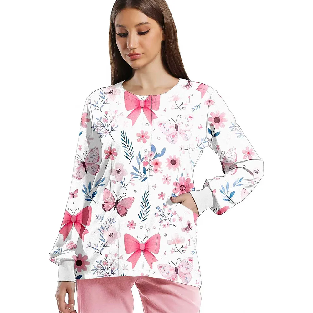 캐주얼 의료용 스크럽 재킷 유니폼 부드럽고 편안한 폴리에스터 스판덱스 긴 소매 싱글 브레스티드 프린트 치과 의사 재킷