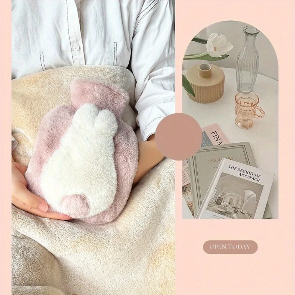 Botella de agua caliente de PVC no eléctrica: calentador de manos de felpa suave con cola de conejo, utiliza para el calor del invierno y los regalos