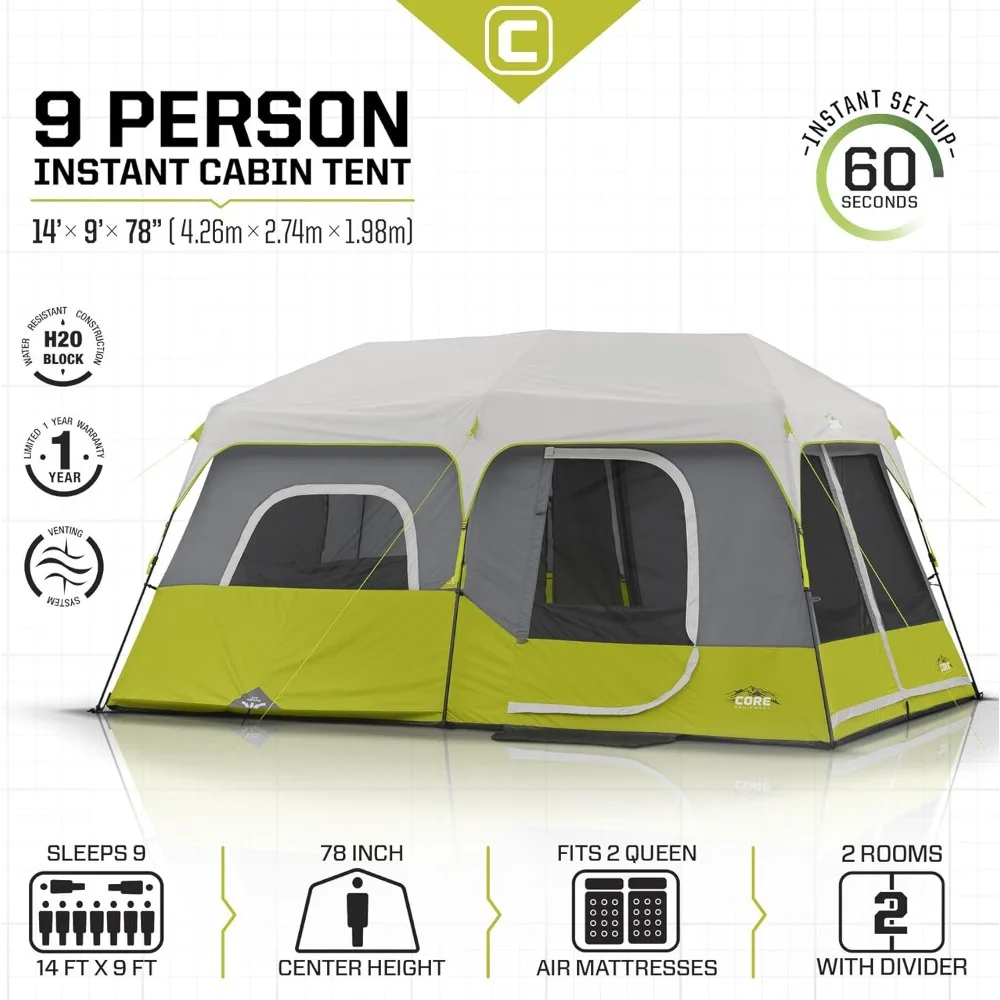 9-persoons Instant Cabine Tent - 14 'X 9', Groene Kampeertent