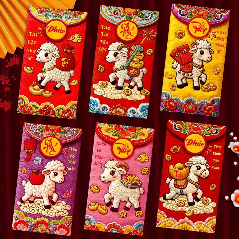 Chinese Zodiac Sheep Year Red Envelopes 2027 6Pcs Reusable Lucky Money Bags for Spring Festival Party Favor Gifts