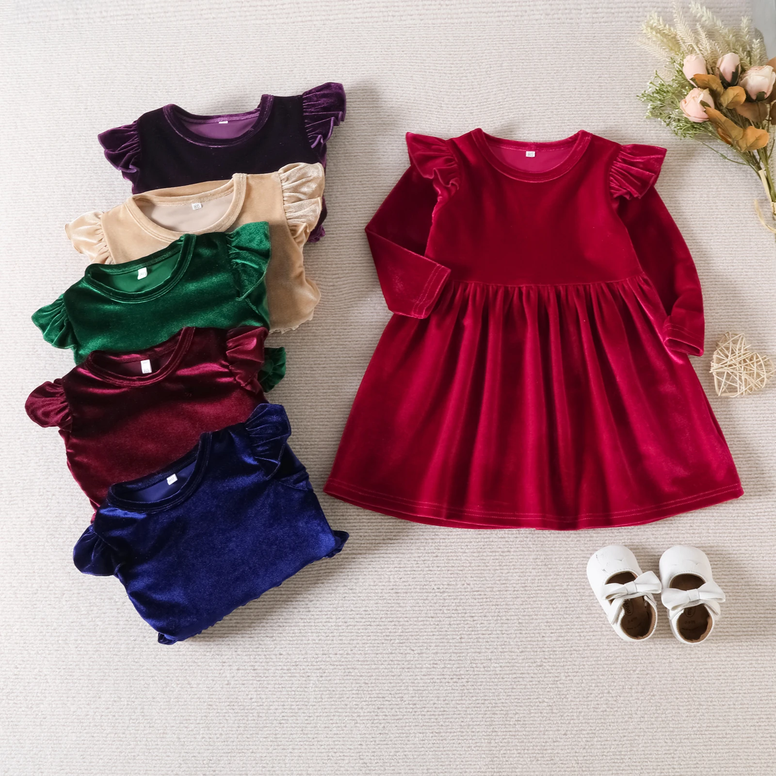 Autumn Solid Color Single-sided  Velvet  Dress for Baby Girls, Soft and Versatile Children's Wear, Suitable for Party