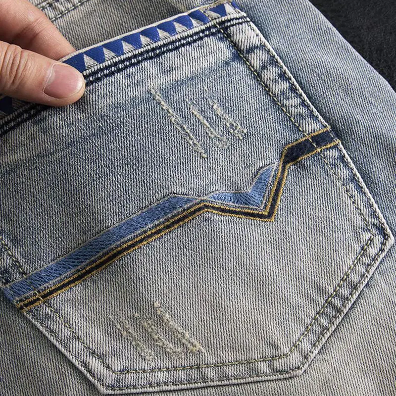 Summer Fashion Men Jeans High Quality Retro Washed Blue Stretch Slim Fit Ripped Short Jeans Vintage Designer Denim Shorts Men