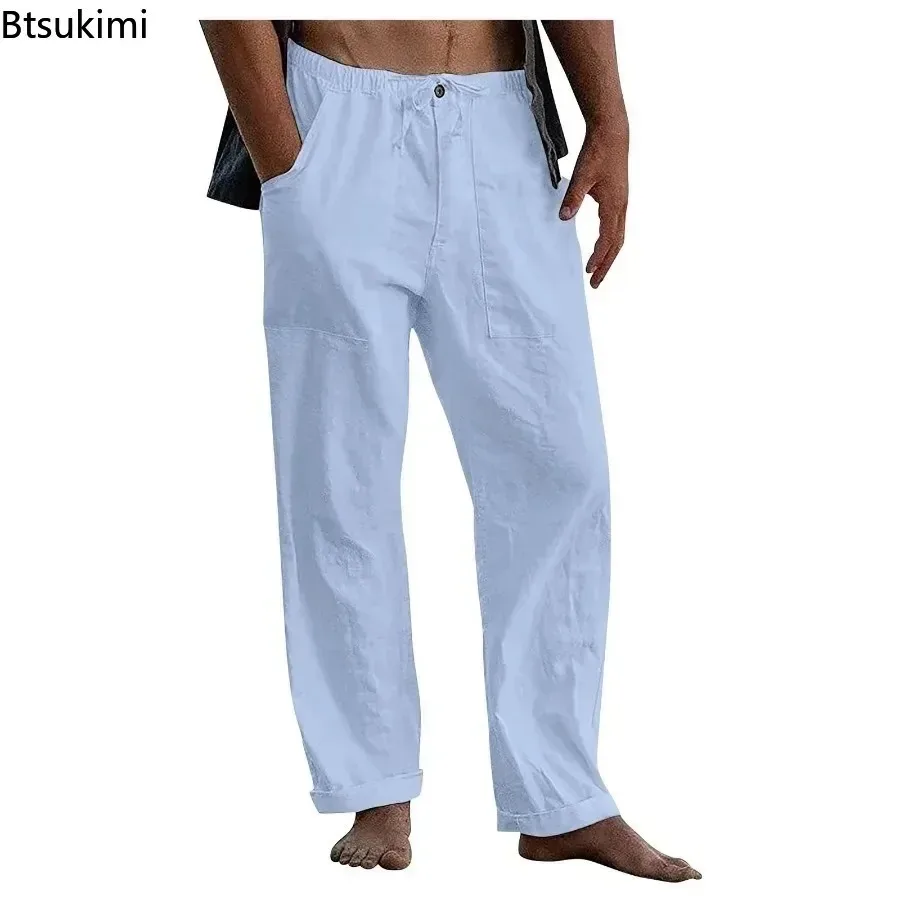 New 2025 Men's Casual Cotton Linen Trousers Wide Leg Pants Breathable Pants Fitness Clothing Men's Workwear Male Jogging Bottoms