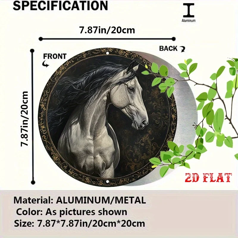 2D Flat High-Definition Metal Wall Art Elegant Vintage Equestrian Art Circular Metal Sign Featuring a Portrait of a Majestic White Horse