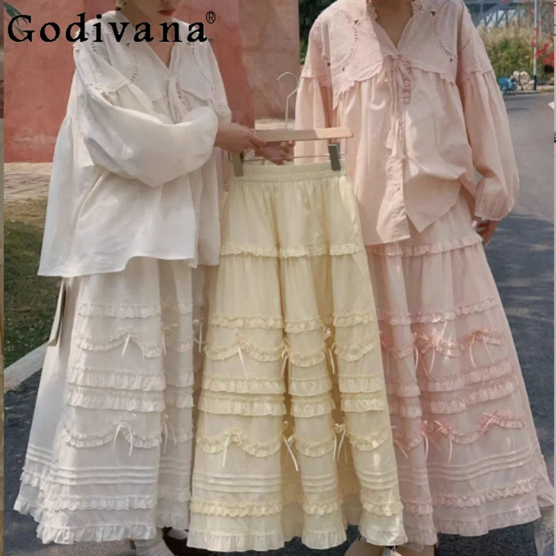 

Spring Summer New Heavy Industry Embroidery Lace Women Sweet Cake Skirt Fashion Cute Bow Elastic Waist Ruffles Princess Skirts