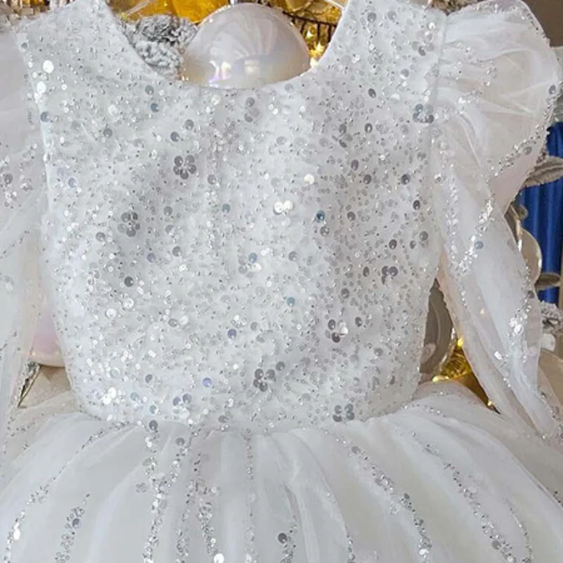 Vestidos de fiesta para niñas, elegantes, 2024, para bodas, cumpleaños, desfile, vestidos formales para bebés, vestidos de baile de tul con lentejuelas blancas infantiles