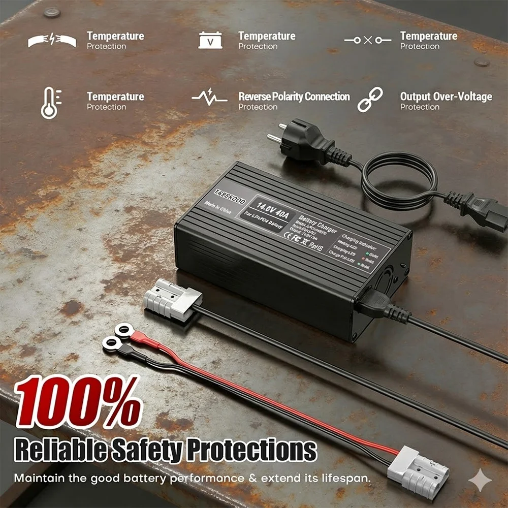 14.6V 40A LiFePO4 배터리 충전기, 12.8V 리튬인산철 배터리용 스마트 충전기, 안전 기능 내장 트리클 충전기
