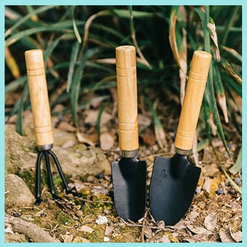 3pcs Mini Garden Tools Shovel Rake Spade Erramientas Bonsai Set Wooden Handle For Flowers Potted Plant Flower Planting B2