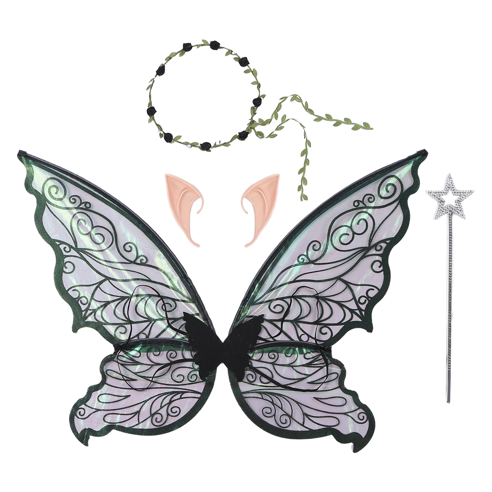 Fairy Wing Costume Elf Angel Butterfly Wings with Elf Ears Glitter Magic Wand Wreath Halloween Princess Cosplay Party Dress Up