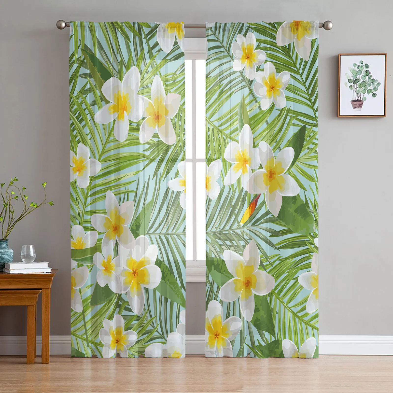 Tropical Palm Leaves Flowers Green Sheer Curtains for Living Room Decoration Window Curtains Kitchen Tulle Voile Curtains